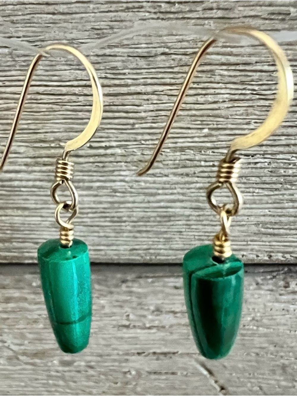 Vintage 14K Gold Malachite Dangle Drop Earrings from former USSR circa 1970s